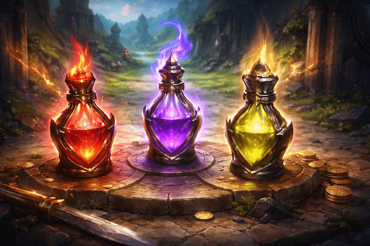 Three glowing elixir bottles in red, purple, and gold stand on a circular stone platform in a fantasy battleground, surrounded by scattered coins and a sword with ruined stone walls and a distant path behind them.