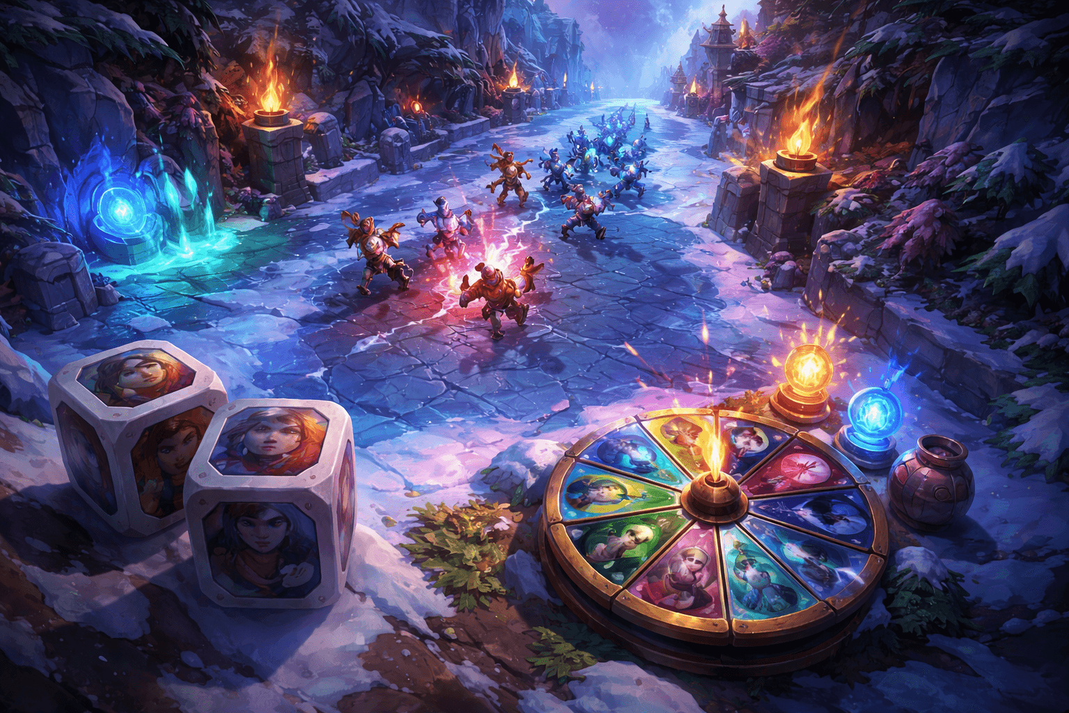 A snowy one-lane battlefield is lit by torches as champions clash in the center, with champion portrait dice on one side and a colorful selection wheel beside glowing blue and orange effects in the foreground.