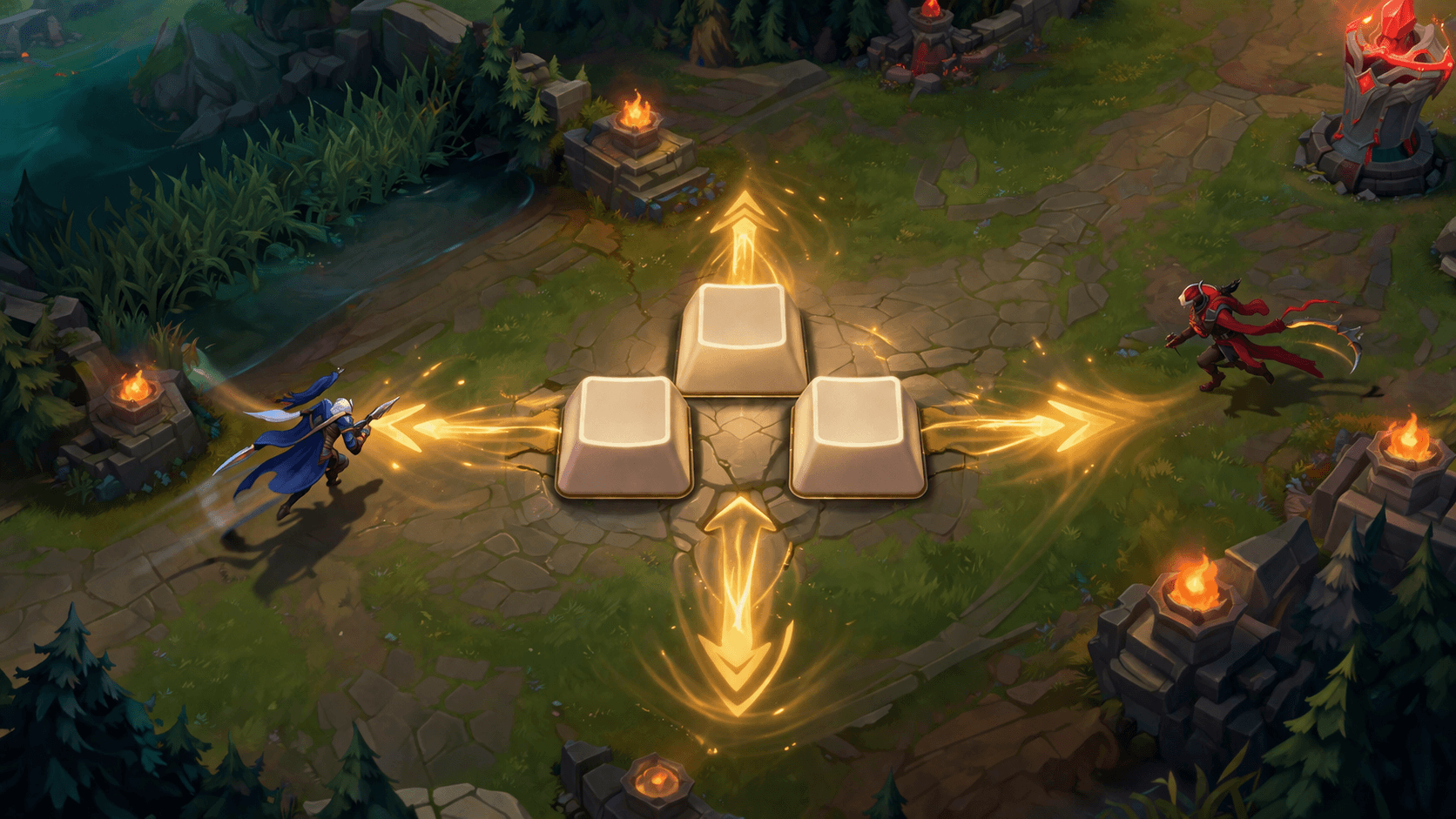 Bird’s-eye view of a fantasy battlefield with four blank directional keycaps glowing at the center, golden movement trails pointing outward, and two opposing fighters approaching across a stone lane bordered by trees and torchlit ruins.