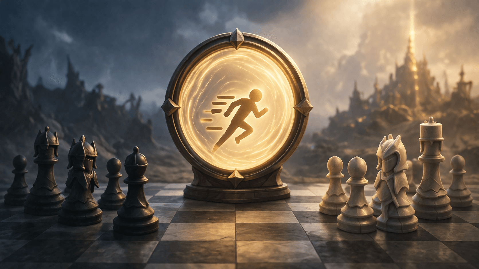A glowing circular portal stands at the center of a chessboard-like battlefield, surrounded by dark and light strategy pieces, with a bright running figure symbol inside the portal and ruined towers fading into the distance.