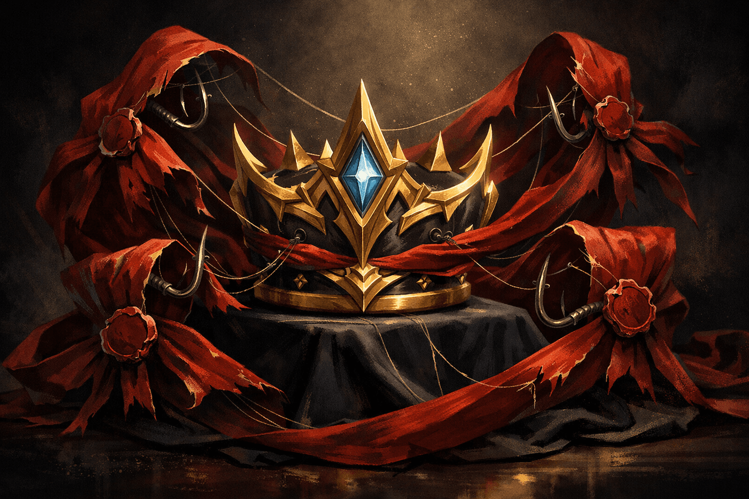 A gold crown with a blue gemstone sits on a dark pedestal, wrapped in torn red ribbons tied with wax seals and suspended by sharp metal hooks against a shadowy background.