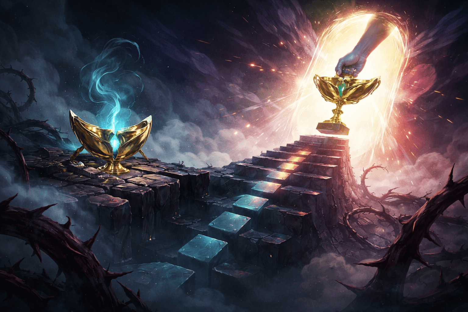 A broken golden trophy on a dark stone platform releases blue smoke, while a second trophy is lifted by a hand through a bright portal across a narrow stairway suspended over a thorny abyss.
