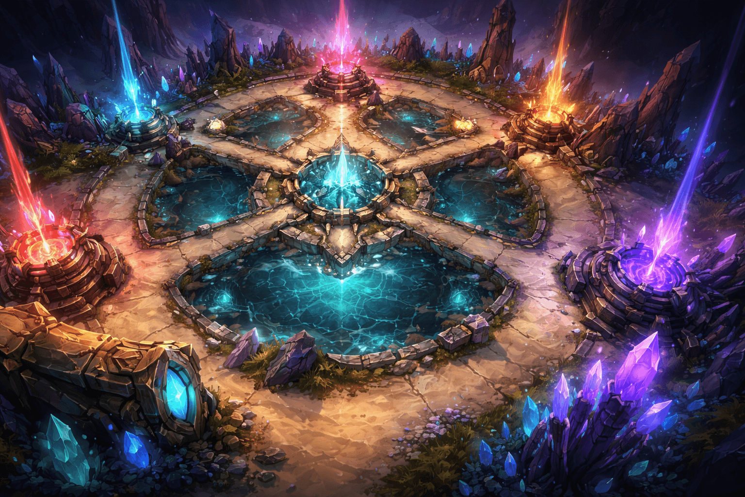 A symmetrical fantasy arena with five glowing capture points surrounds a bright central crystal, with stone walkways crossing over blue water basins and colorful crystal formations around the edges.