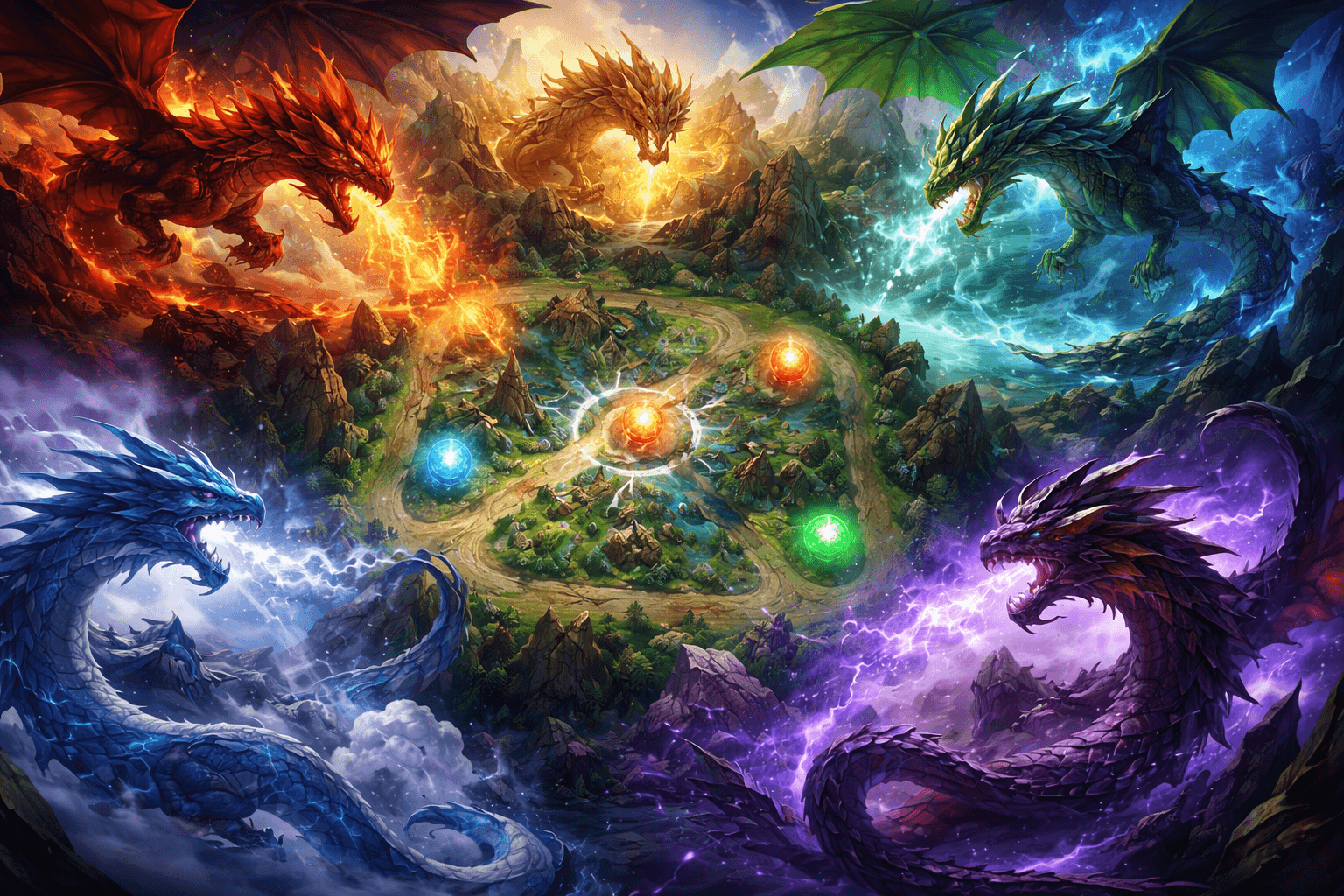 A stylized League map sits at the center while five massive elemental dragons surround it, breathing fire, lightning, water, wind, and purple energy toward glowing objective markers.