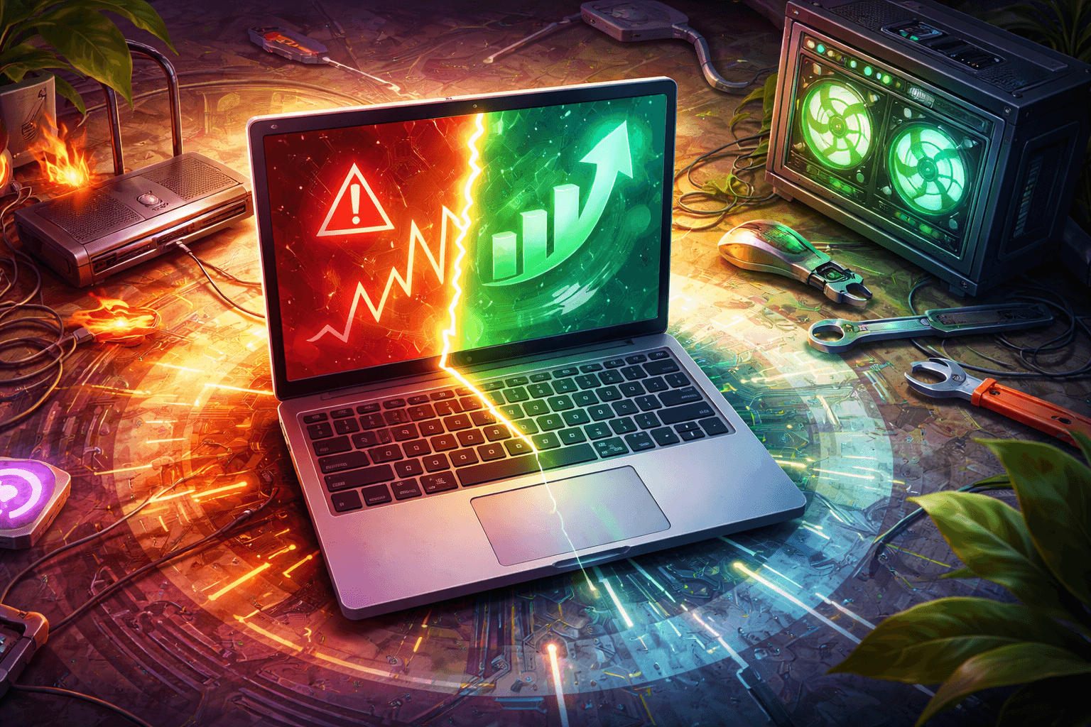 Painterly top-down illustration of an open metallic laptop-like device with a glowing red warning symbol on one inner panel and a green connection symbol on the other, surrounded by cables, circuitry, and scattered hardware in a dim workshop-like setting.