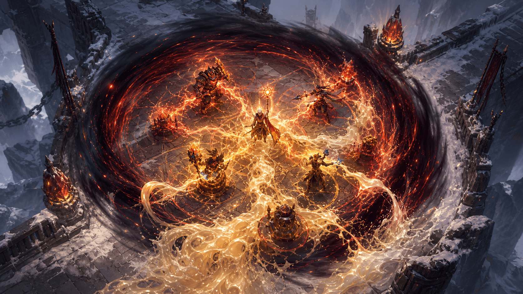 Fantasy champions linked by fiery chains, golden magic streams, and a dark vortex inside a snowy stone arena.