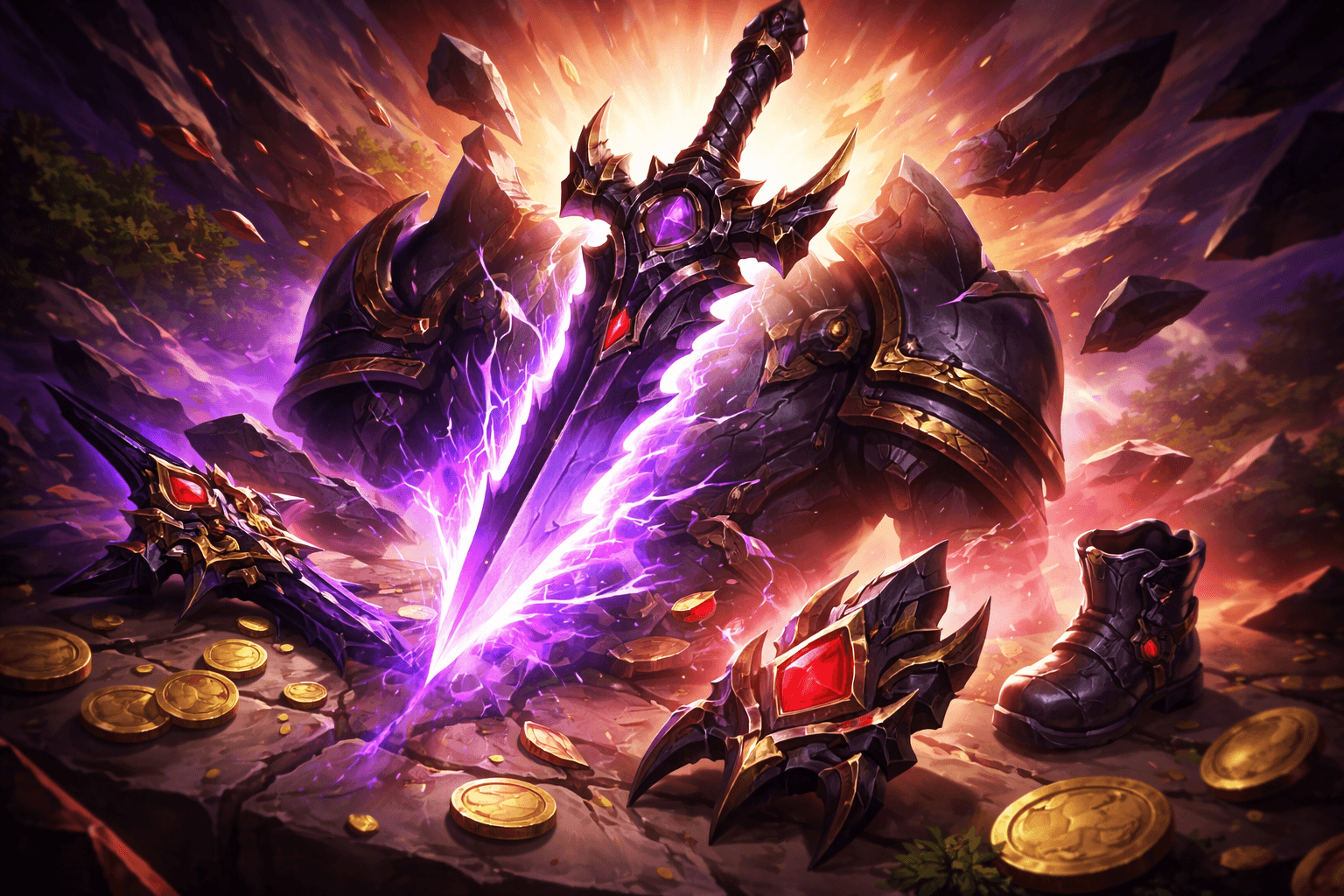A massive purple glowing sword cleaves through dark armor and a heavy chestplate, sending cracked metal, red gem fragments, and gold coins flying across a rocky battlefield.