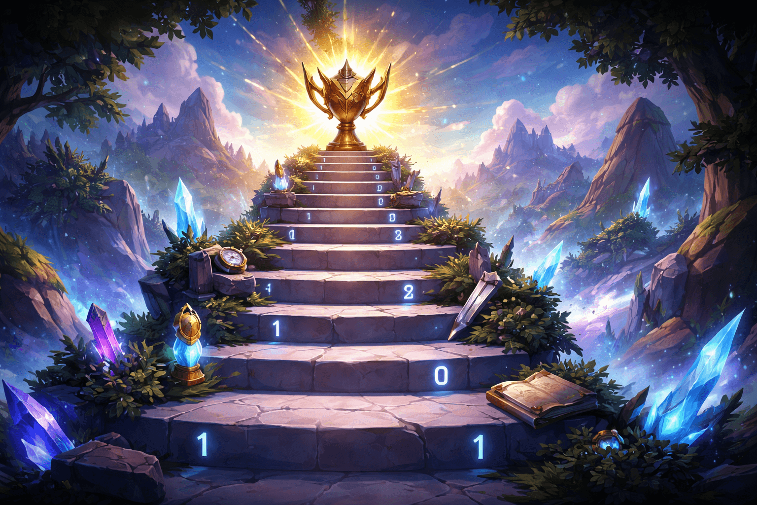 A glowing golden trophy stands at the top of a wide stone staircase in a fantasy mountain landscape, with blue crystals, a sword, a book, and other symbolic objects placed along the steps under warm sunrise light.