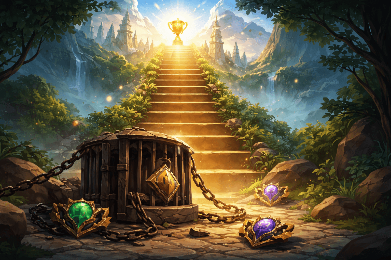 A glowing staircase rises through a lush mountain valley toward a golden trophy, while a chained cage and fallen rank emblems sit on the ground in the foreground.