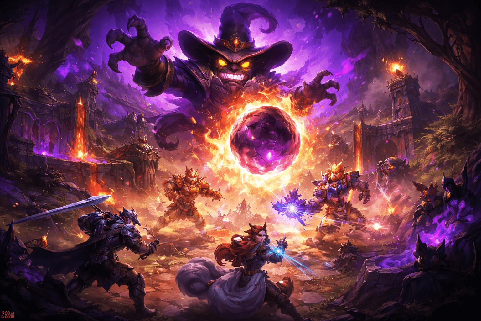 A giant glowing purple villain in a crooked hat looms over a ruined battlefield, hurling a cracked fire-wreathed orb as multiple armored champions fight below amid lava, smoke, and magical explosions.