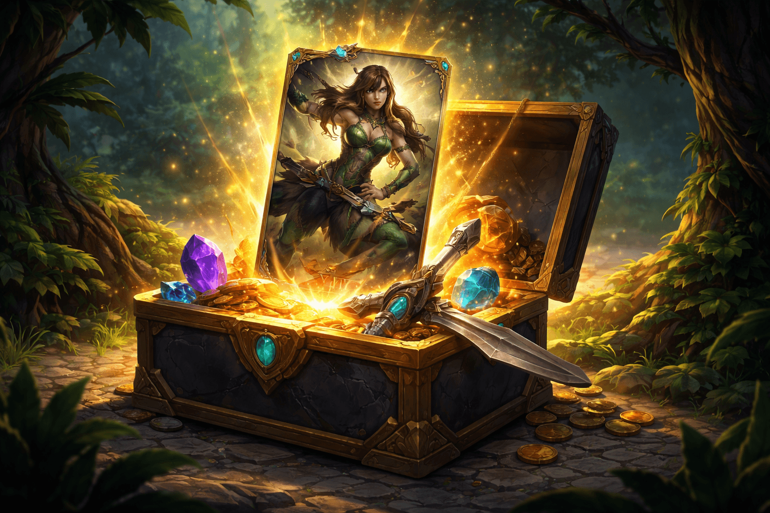 An open treasure chest glowing in a forest clearing displays a portrait card of a female huntress in green armor, surrounded by gold coins, colorful gems, and a sword resting across the chest.