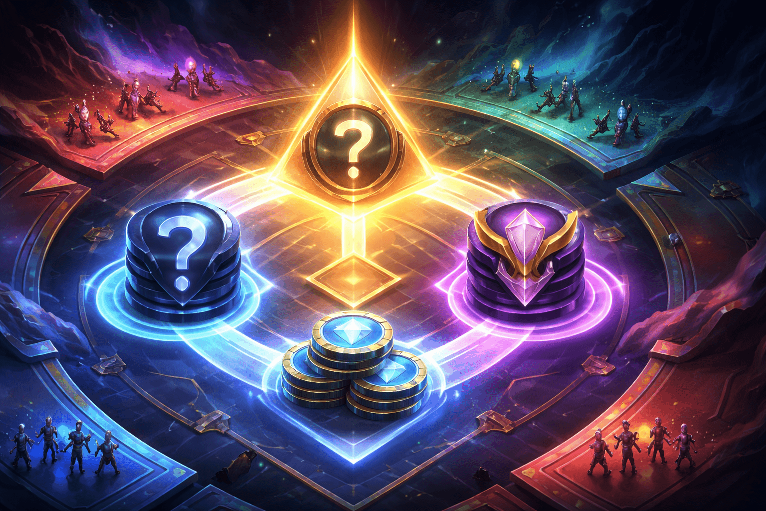 A glowing triangular emblem with a large question mark stands at the center of a circular arena, surrounded by rank tokens, blue gem coins, and color-coded groups of small champions positioned around the outer edges.