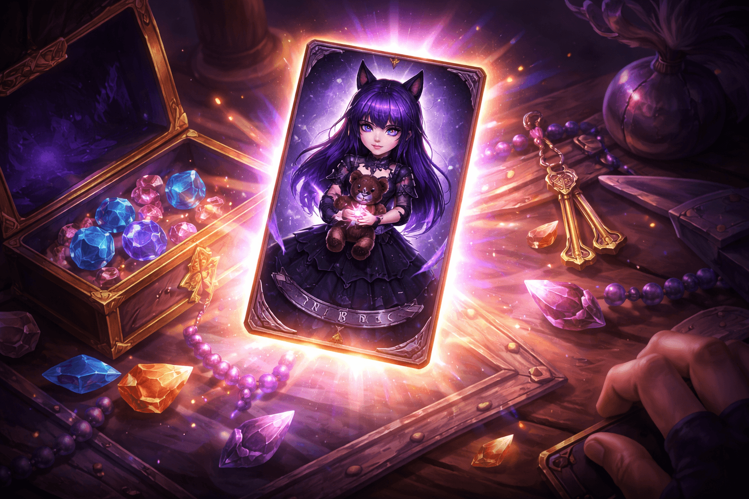 A glowing collectible card of a purple-haired girl in a black dress holding a teddy bear rests on a wooden table, surrounded by an open treasure chest, colorful gems, beads, golden keys, and scattered trinkets.
