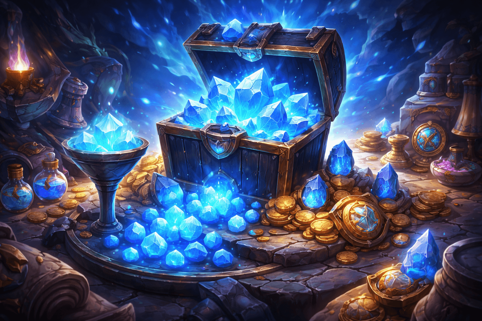Open treasure chest overflowing with glowing blue crystals on a stone platform, surrounded by scattered gold coins, small potion bottles, and ornate fantasy trinkets in a luminous cavern-like setting.
