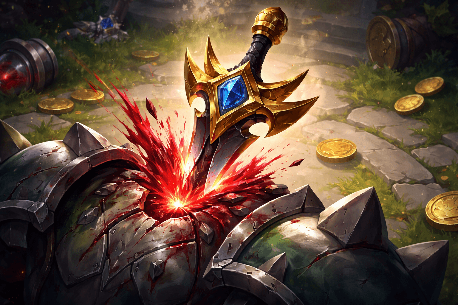 A gold and black dagger with a blue gemstone is driven into the chest of a fallen armored brute, with red energy bursting from the impact while gold coins lie scattered around the scene.