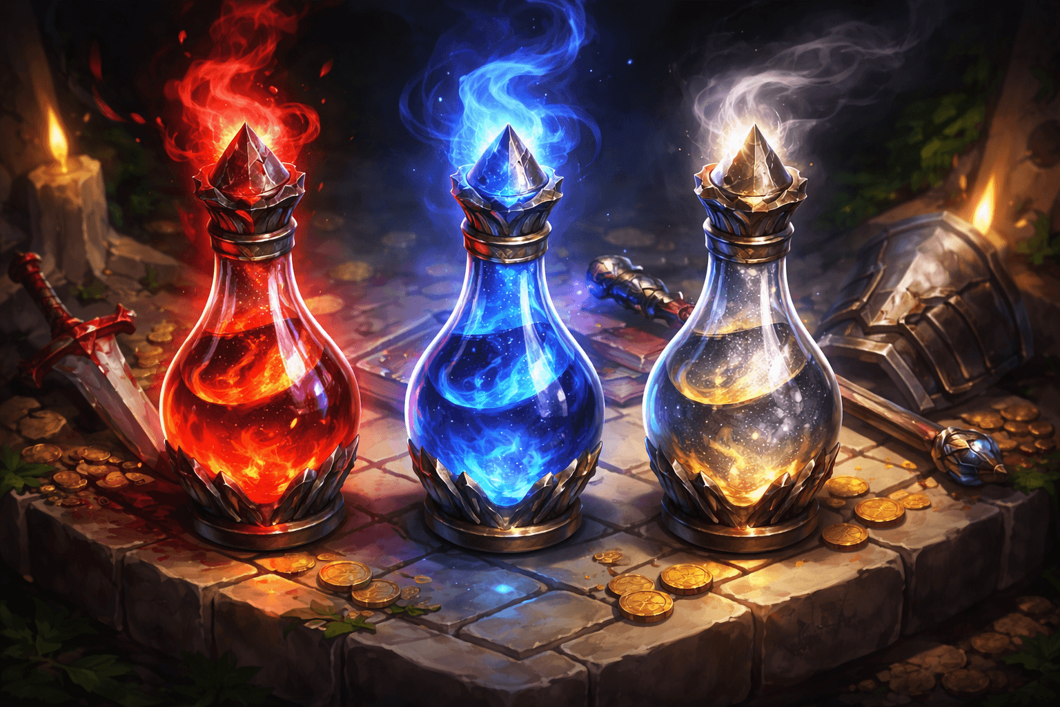 Three glowing fantasy elixir bottles in red, blue, and silver stand on a stone platform surrounded by scattered gold coins, a sword, a shield, and warm candlelight.