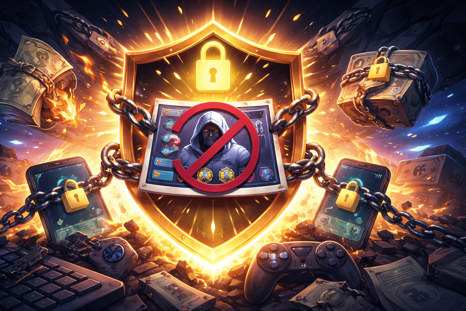 A glowing shield with a padlock frames a chained gaming profile card marked with a ban symbol, surrounded by locked phones, broken controllers, burning cash, and scattered hardware in a fiery dramatic scene.