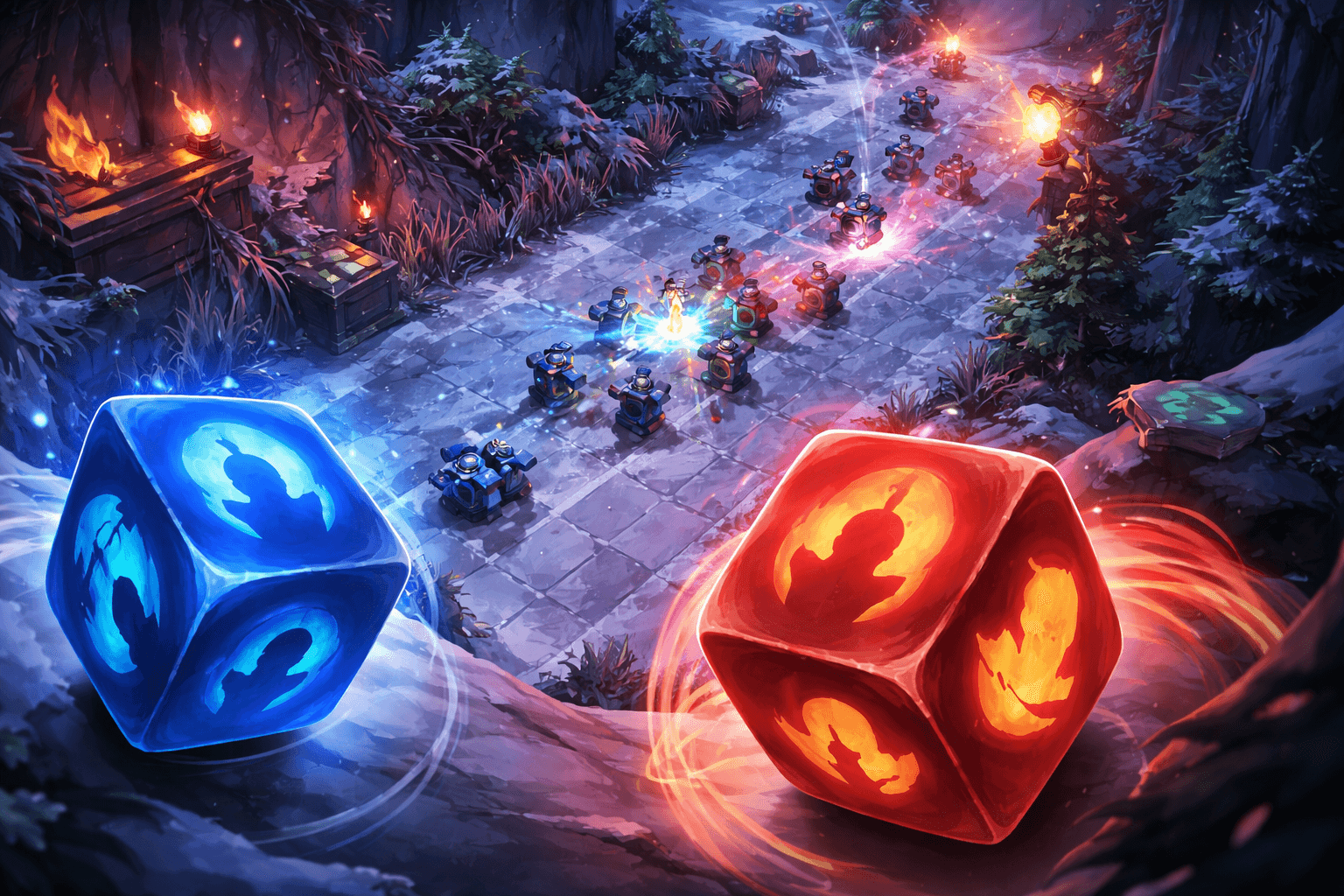 A snowy one-lank battlefield stretches into the distance as blue and red minions collide in the center, while two glowing dice with champion silhouettes sit in the foreground with swirling blue and red energy.