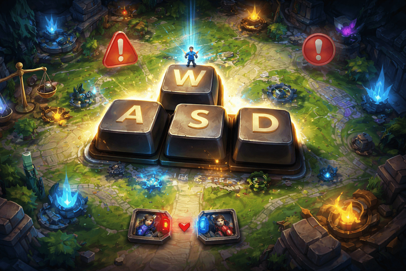 Four oversized keyboard keys arranged in a cross over a stylized fantasy battle map, with a small character standing on the top key, glowing light bursting from the center, warning symbols floating on both sides, and two champion portrait panels near the bottom.