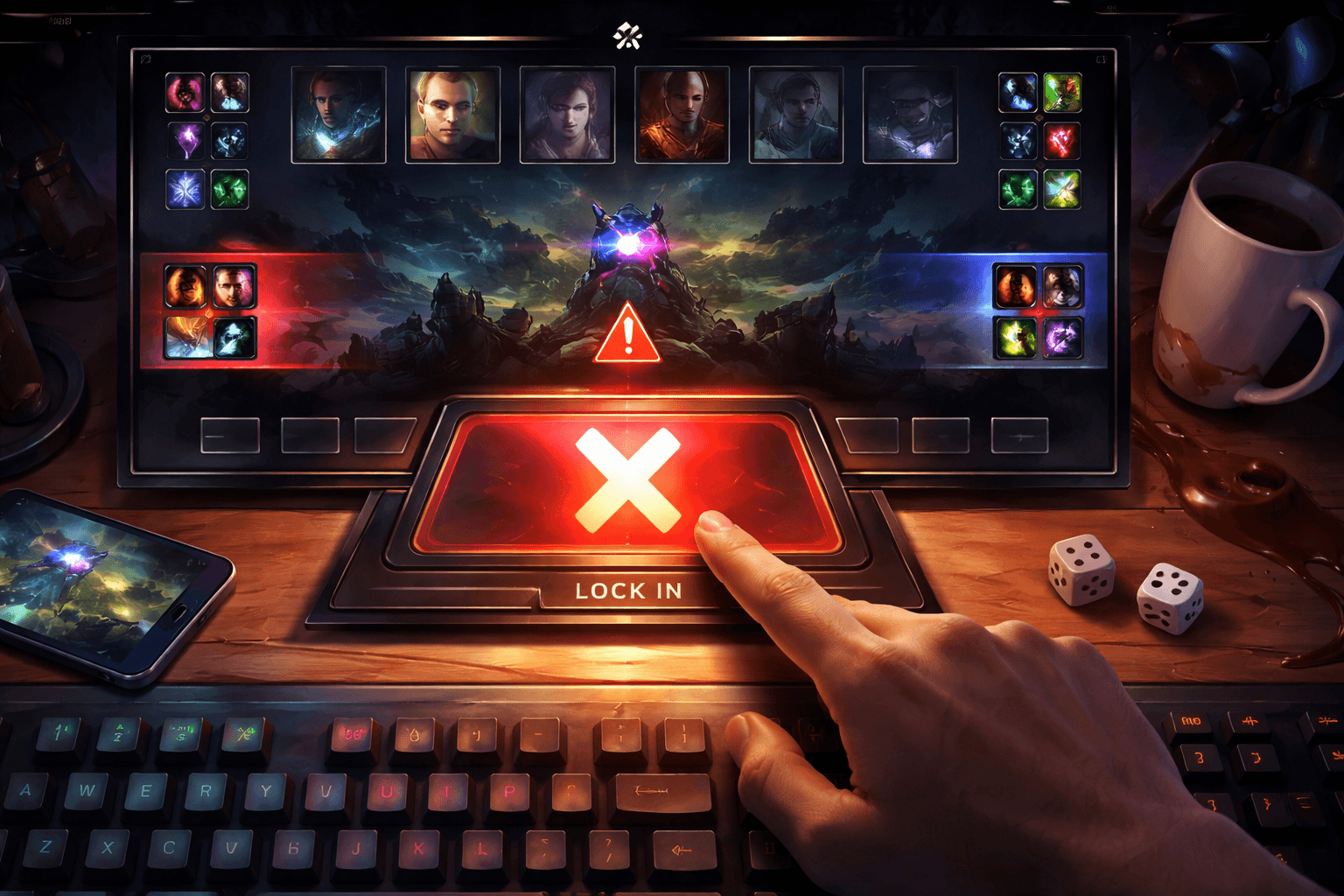 A hand presses a large glowing red X on a champion select control panel beneath a fantasy-style team draft screen, with character portraits, ability icons, a keyboard, a phone, a coffee mug, and dice around the desk.