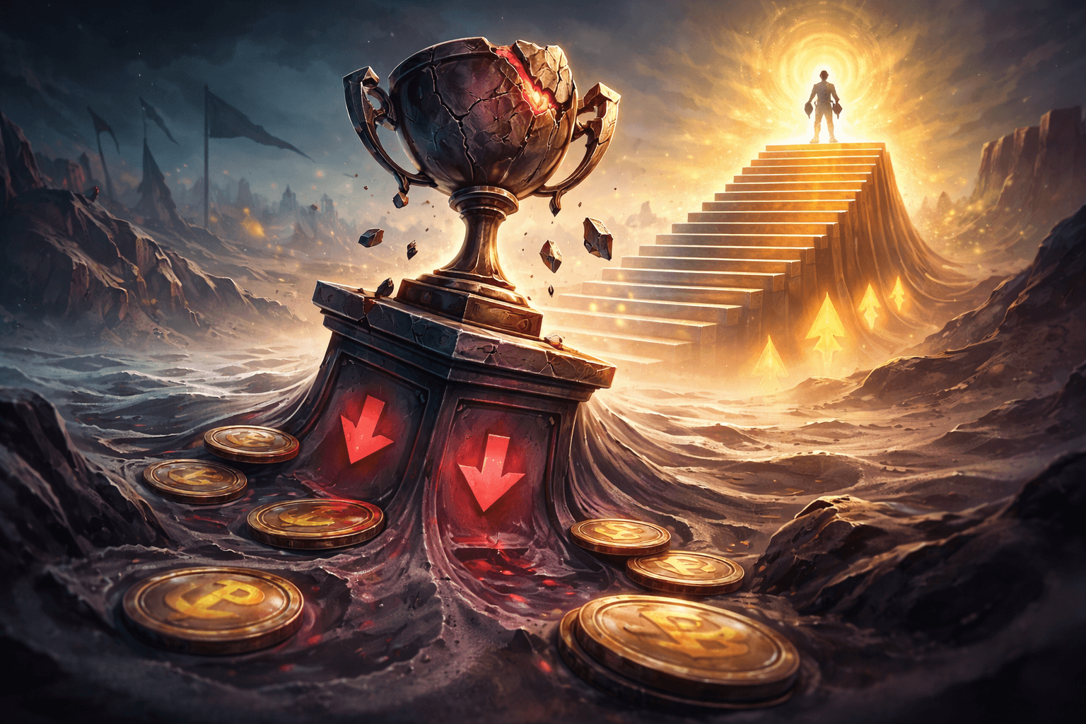 A cracked trophy sinks into a dark barren ground marked with red downward arrows, surrounded by scattered gold coins, while a lone figure stands at the top of a glowing staircase in the distance.