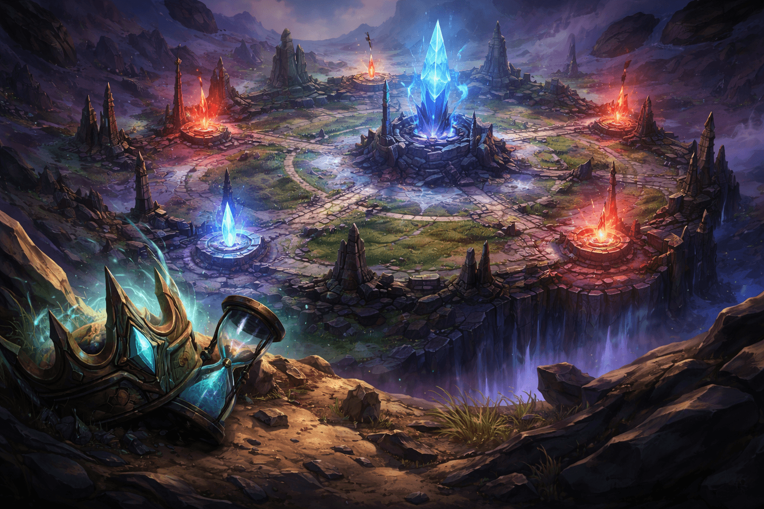 A circular battlefield with a towering blue crystal in the center is surrounded by multiple glowing capture points, while a broken crown and hourglass rest in the foreground overlooking the arena.