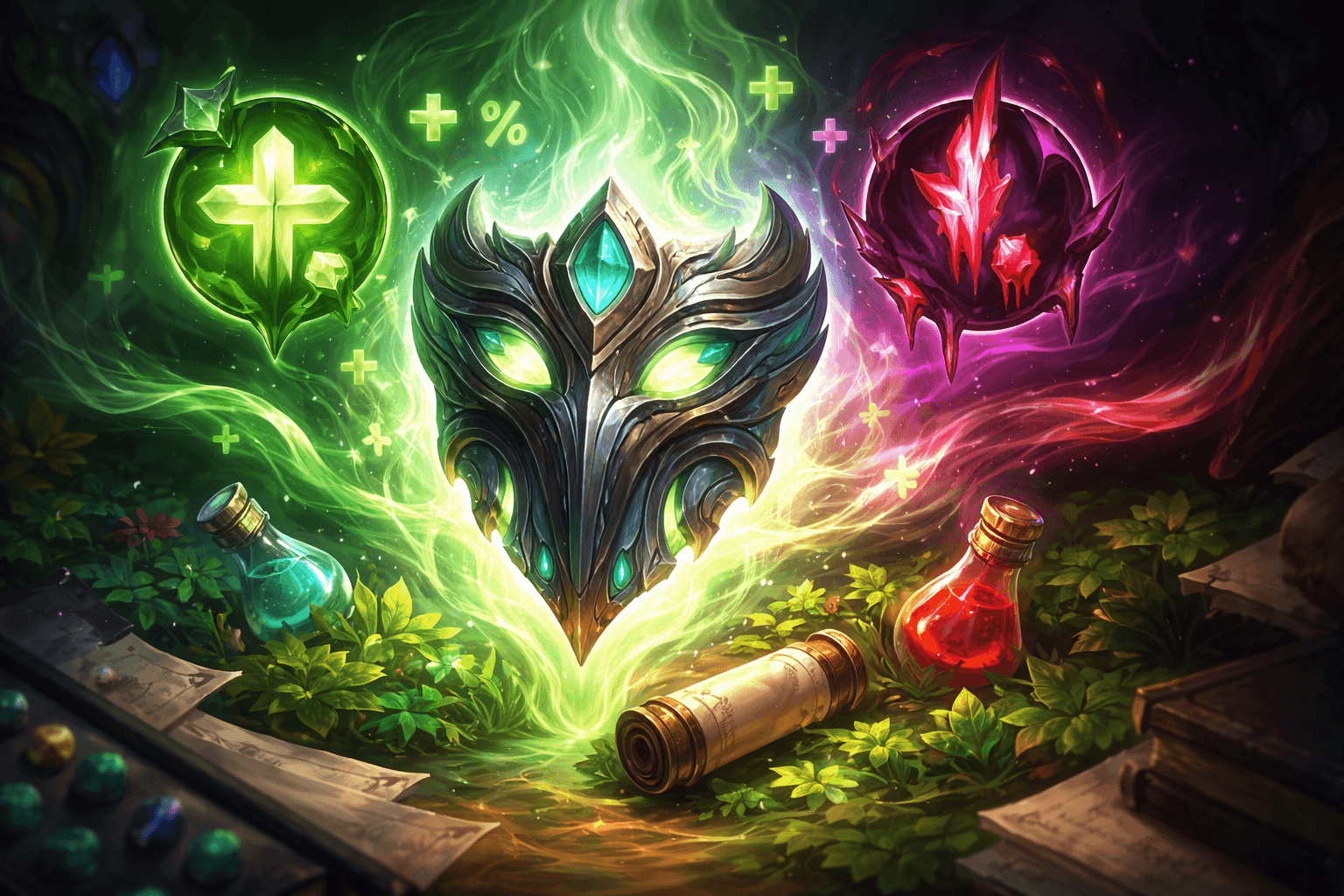A glowing green spirit mask hovers at the center of a dark fantasy scene, surrounded by swirling healing energy, bright green cross symbols, a red corrupted emblem on one side, and small potion bottles and foliage below.