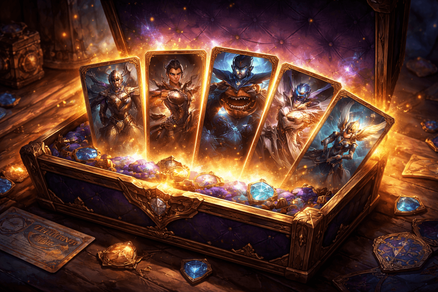 Several glowing collectible character cards rise from an ornate gem-filled chest on a wooden table, surrounded by scattered jewels, medallions, and old reward items.
