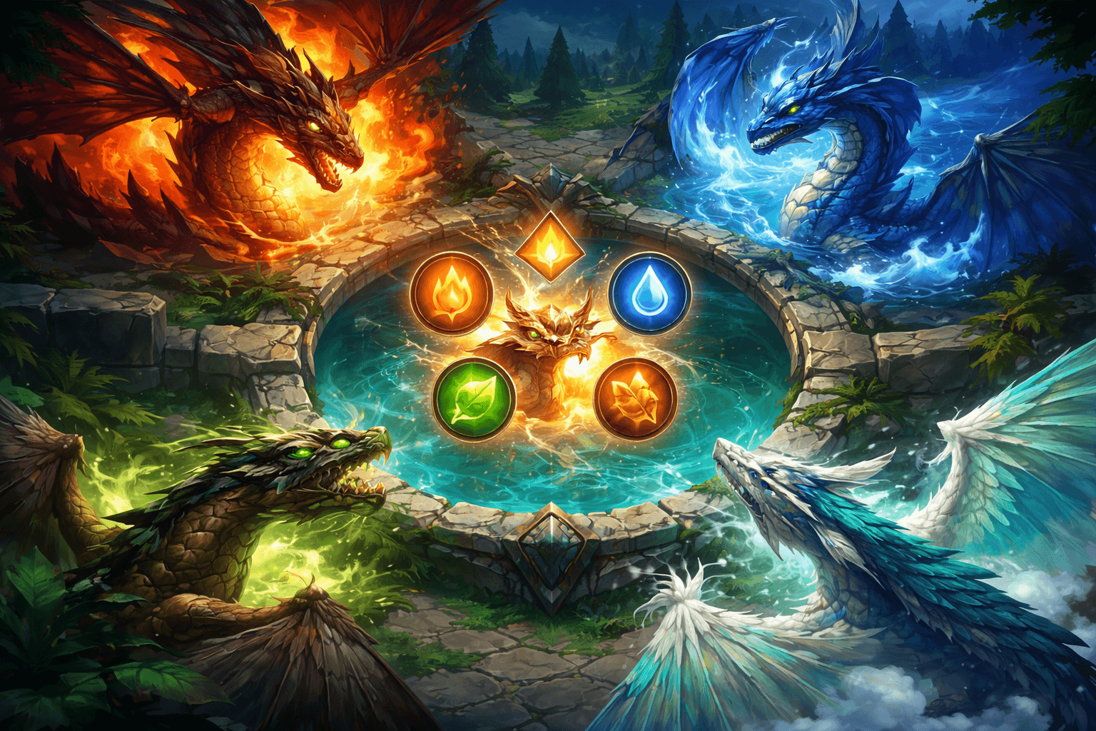 Four elemental dragons surround a glowing dragon pit while a smaller dragon rises from the center beside circular icons for fire, water, air, and earth.