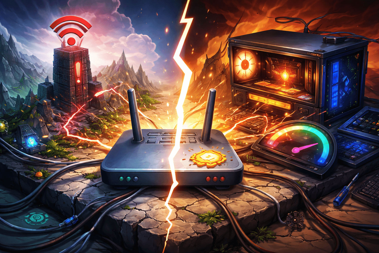 A split scene shows a central router on cracked ground with cables running outward, a storm-lit signal tower glowing red on one side, and an overheating desktop computer with exposed hardware and a bright performance gauge on the other, divided by a jagged bolt of light.