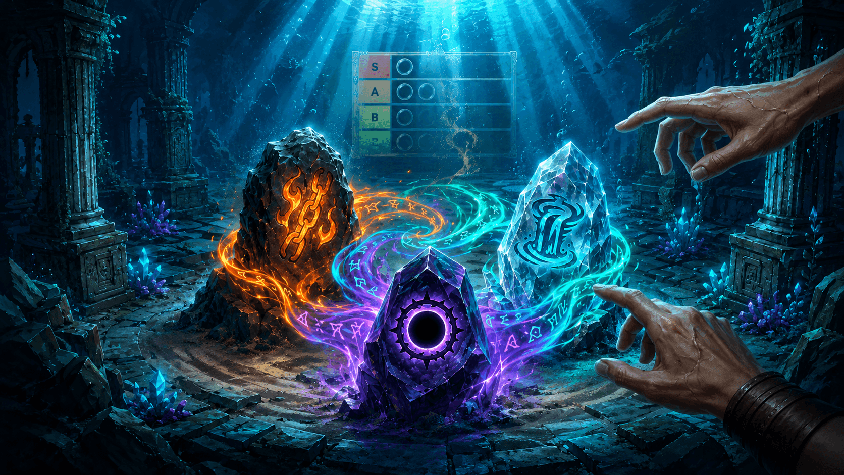 A fantasy battle scene with multiple champions unleashing overlapping magical effects, glowing circular energy, fiery trails, and overflowing power around a chaotic ARAM-style arena.