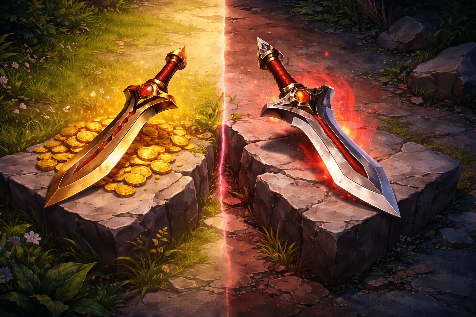 Two glowing starting blades rest on separate stone platforms divided by a forest lane path, with a gold-lit blade beside a pile of coins on one side and a red-lit blade on the other.