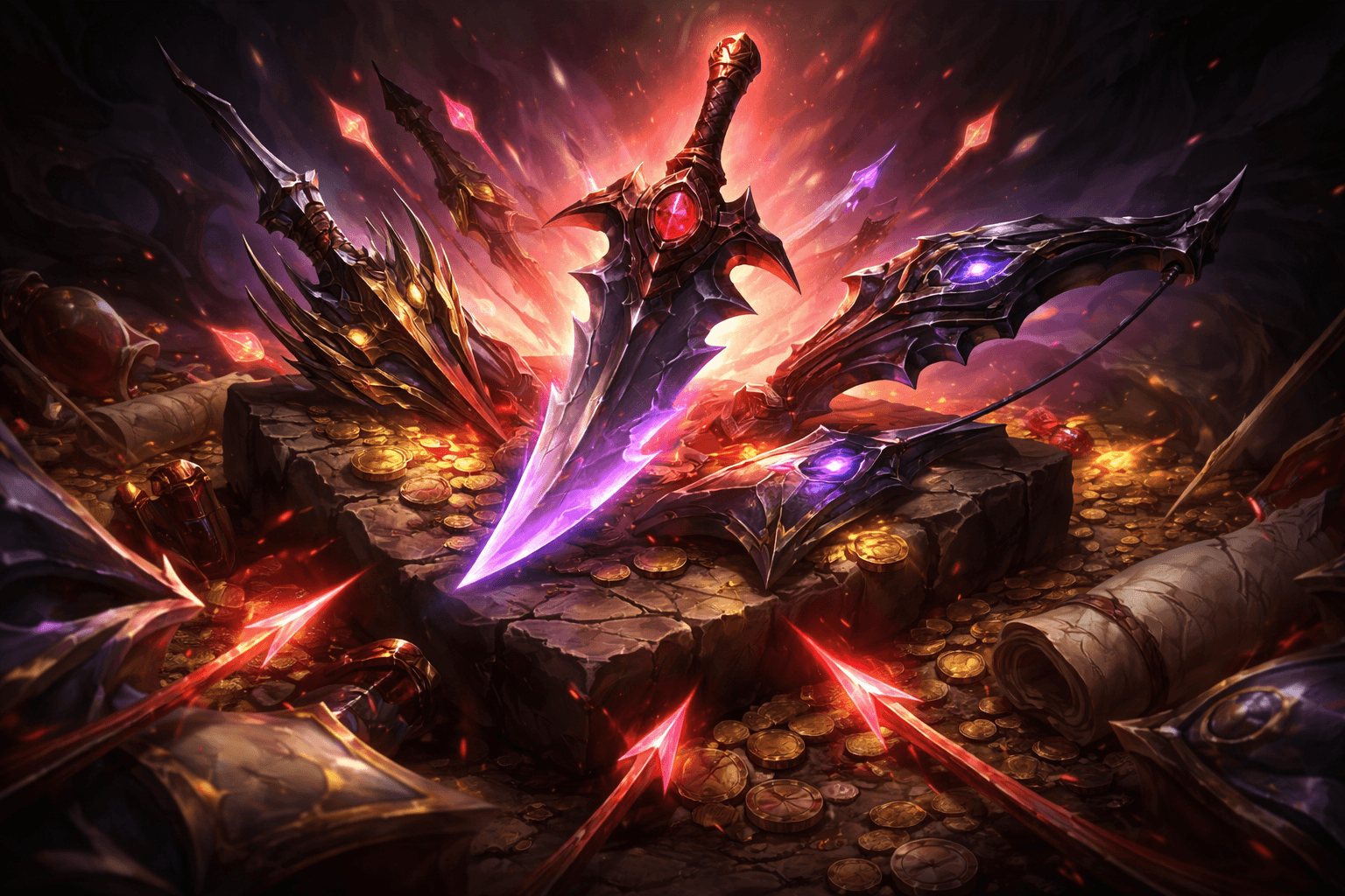 A glowing purple edged sword stands embedded in cracked stone, surrounded by dark bladed weapons, scattered gold coins, and red crystal shards bursting through a fiery background.