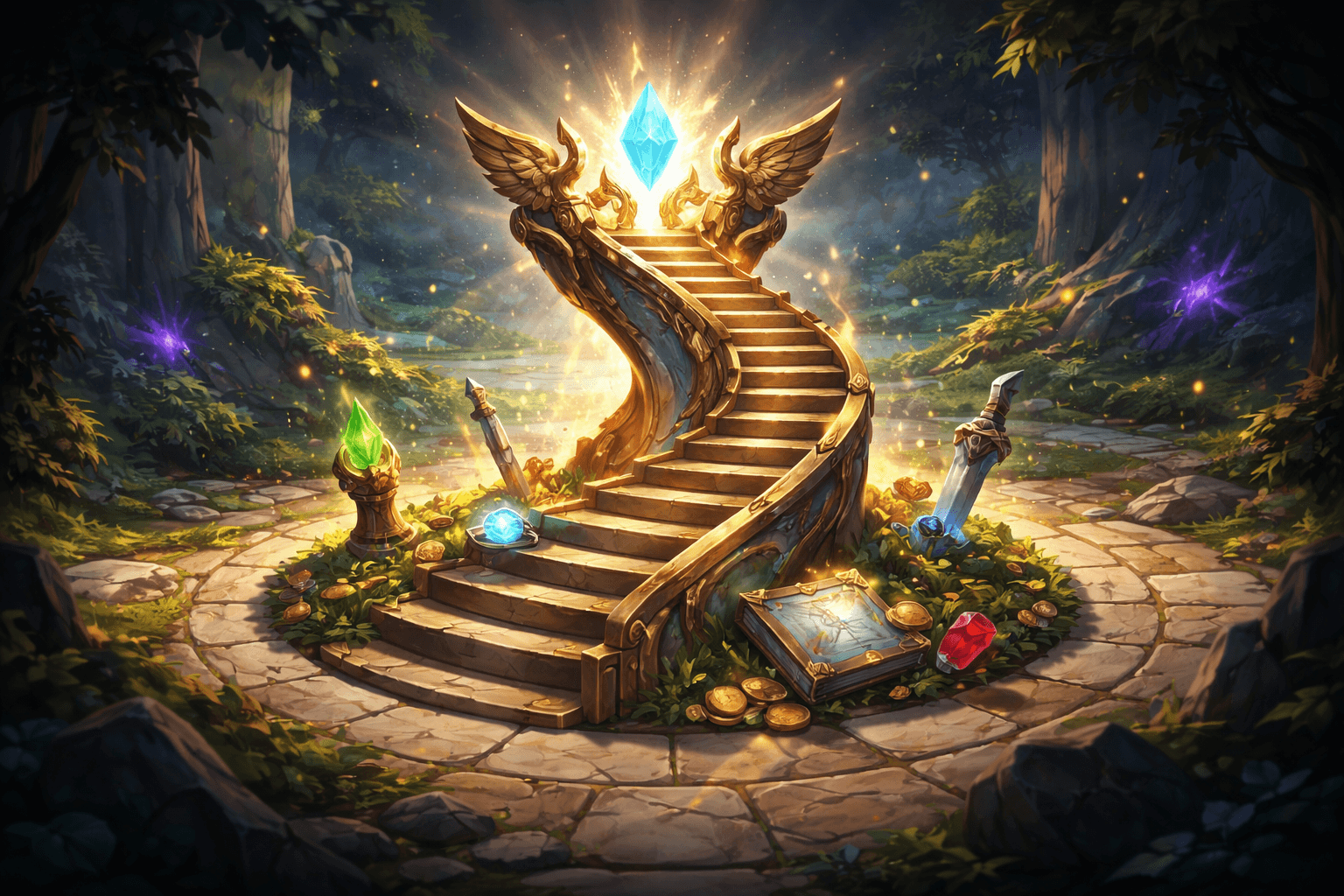 A glowing golden tower made of layered fragments rises from a bed of green foliage, crowned by a bright blue crystal and surrounded by mist, drifting debris, and rays of light in a painterly fantasy scene.