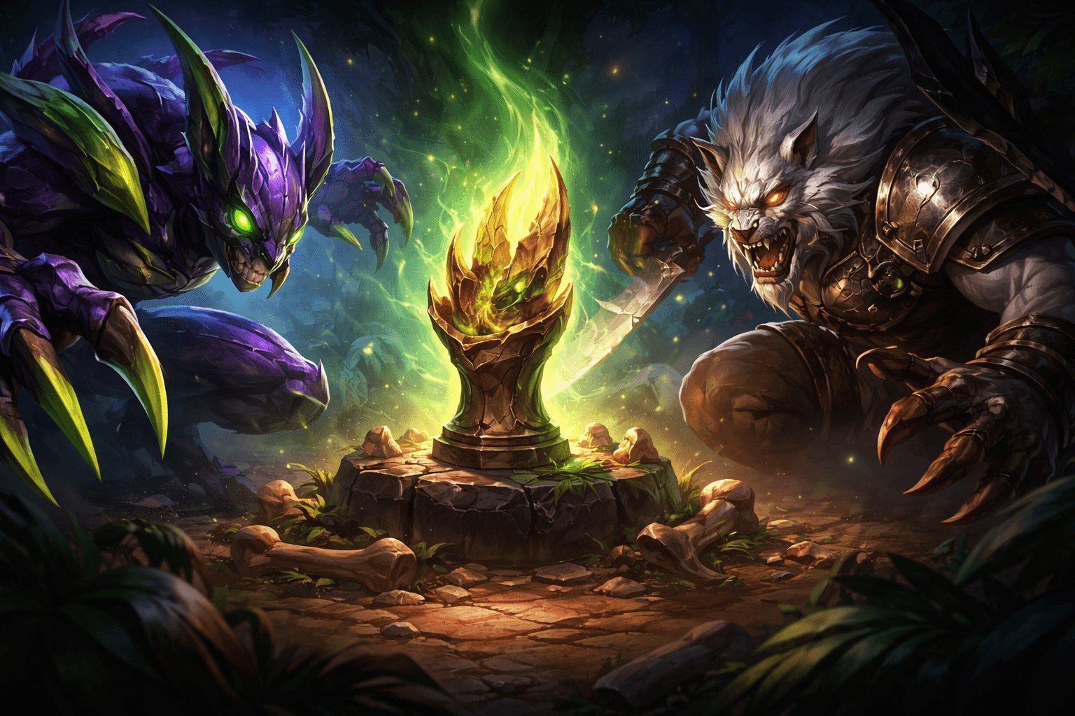 A purple insect-like creature with glowing green eyes faces a snarling white armored beast across a jungle clearing, with a green burning trophy-like relic glowing between them on a stone pedestal.