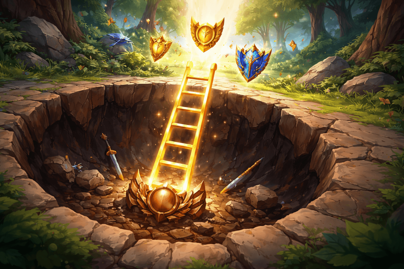 A glowing ladder rises out of a deep rocky pit from a bronze rank emblem at the bottom toward floating golden and blue rank crests in a bright forest clearing, with broken swords scattered below.
