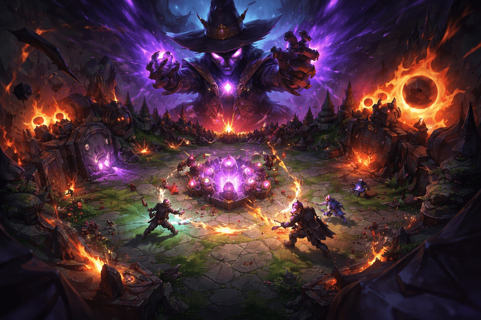 A giant purple shadowy sorcerer with glowing eyes looms over a battlefield, reaching toward a central crystal as small champions fight below amid fire, explosions, and cursed energy.