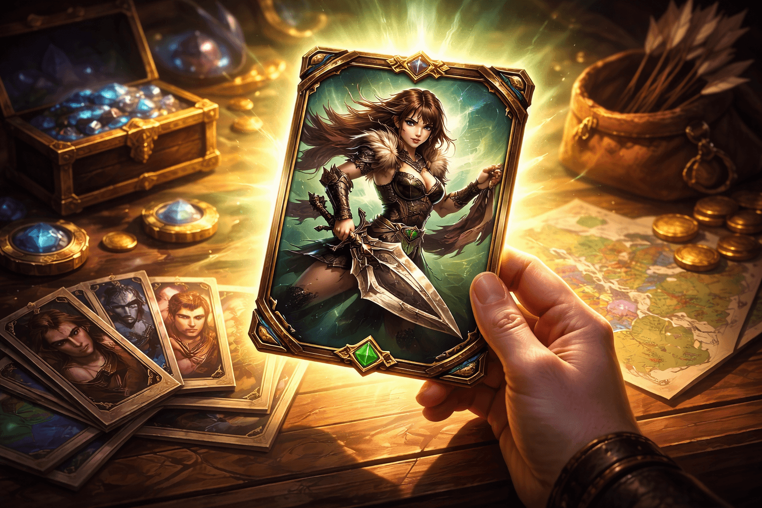 A hand holds a glowing character card of a female huntress with a large blade over a tabletop covered with coins, gems, other cards, and a map.