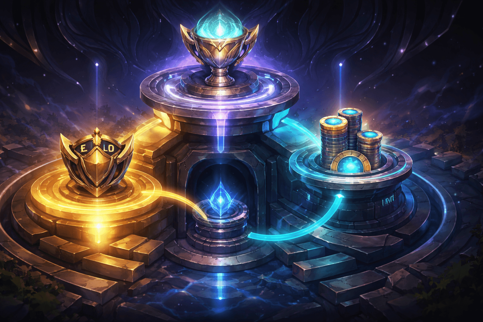 A glowing fantasy structure with three connected platforms shows a trophy at the top, an ELO crest on the left, and stacked blue coins on the right, all linked by bright flowing energy around a central crystal.
