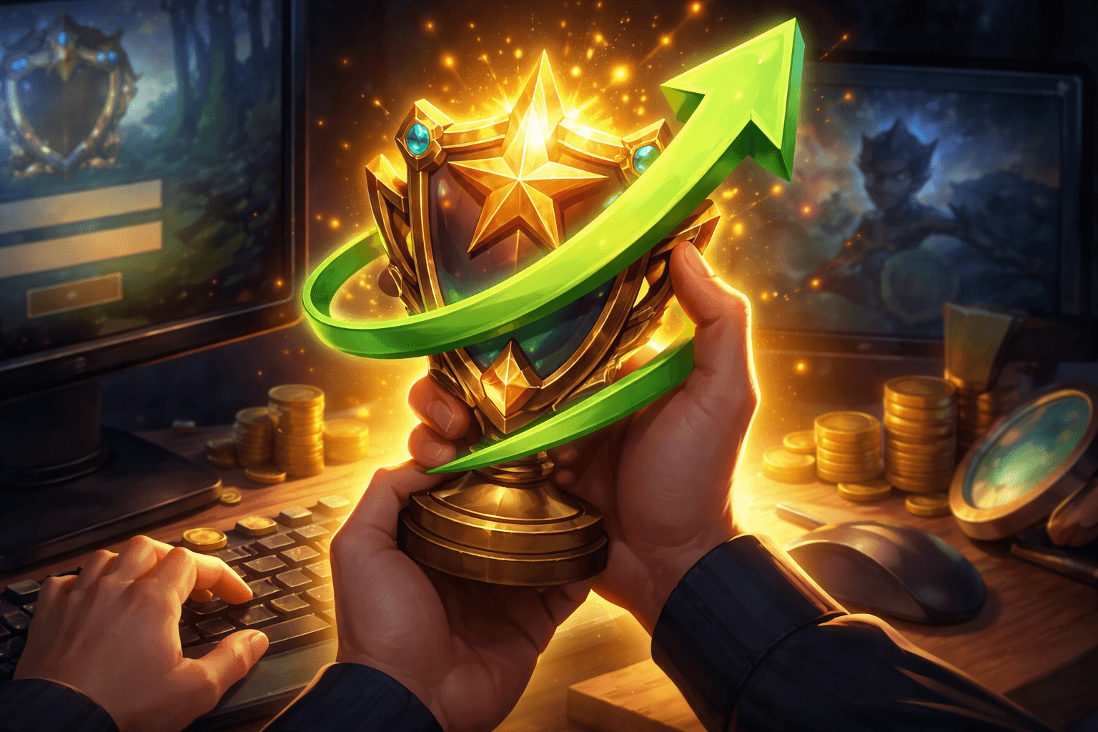 Two hands hold a glowing golden rank trophy while a bright green arrow wraps upward around it, with a gaming desk, keyboard, coins, and two blurred fantasy-style monitors in the background.