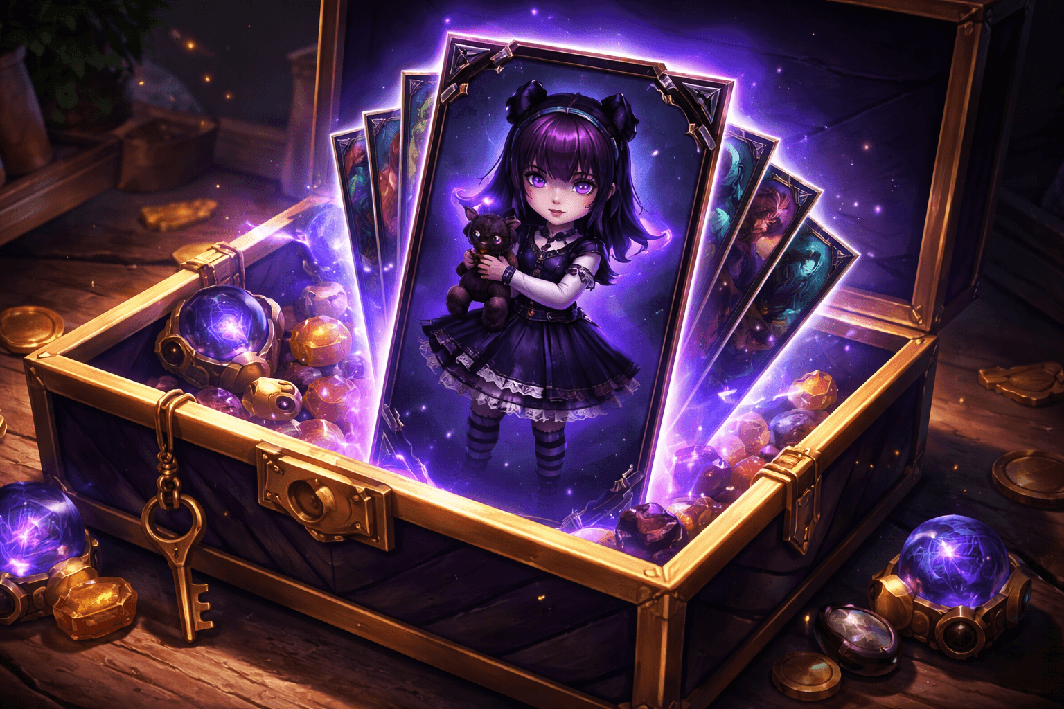 A glowing purple collectible card of a small dark-haired girl in a black dress holding a teddy bear rises from an open treasure chest filled with gems, keys, coins, and magical orbs on a wooden table.