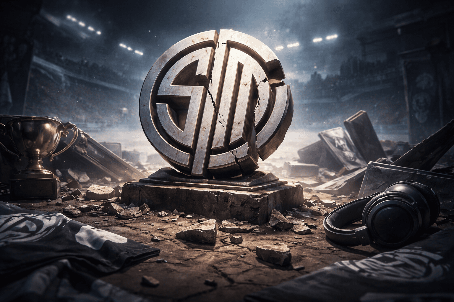 A cracked circular championship emblem sits on a stone pedestal in a ruined arena, surrounded by broken debris, a fallen trophy, and discarded headphones under cold dramatic light.